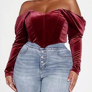Burgundy Valeria Off-The-Shoulder Velvet Corset Top — Size 1